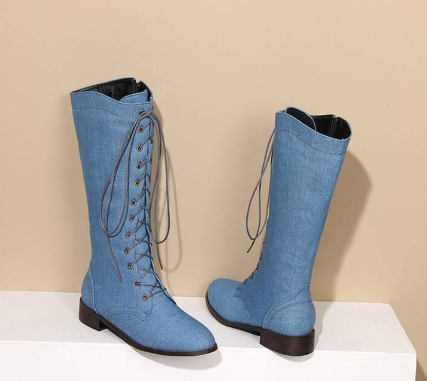 Women’s Mid Calf Boots Punk Casual Shoes Flat Lace Up Side Zip Riding Outdoor SZ