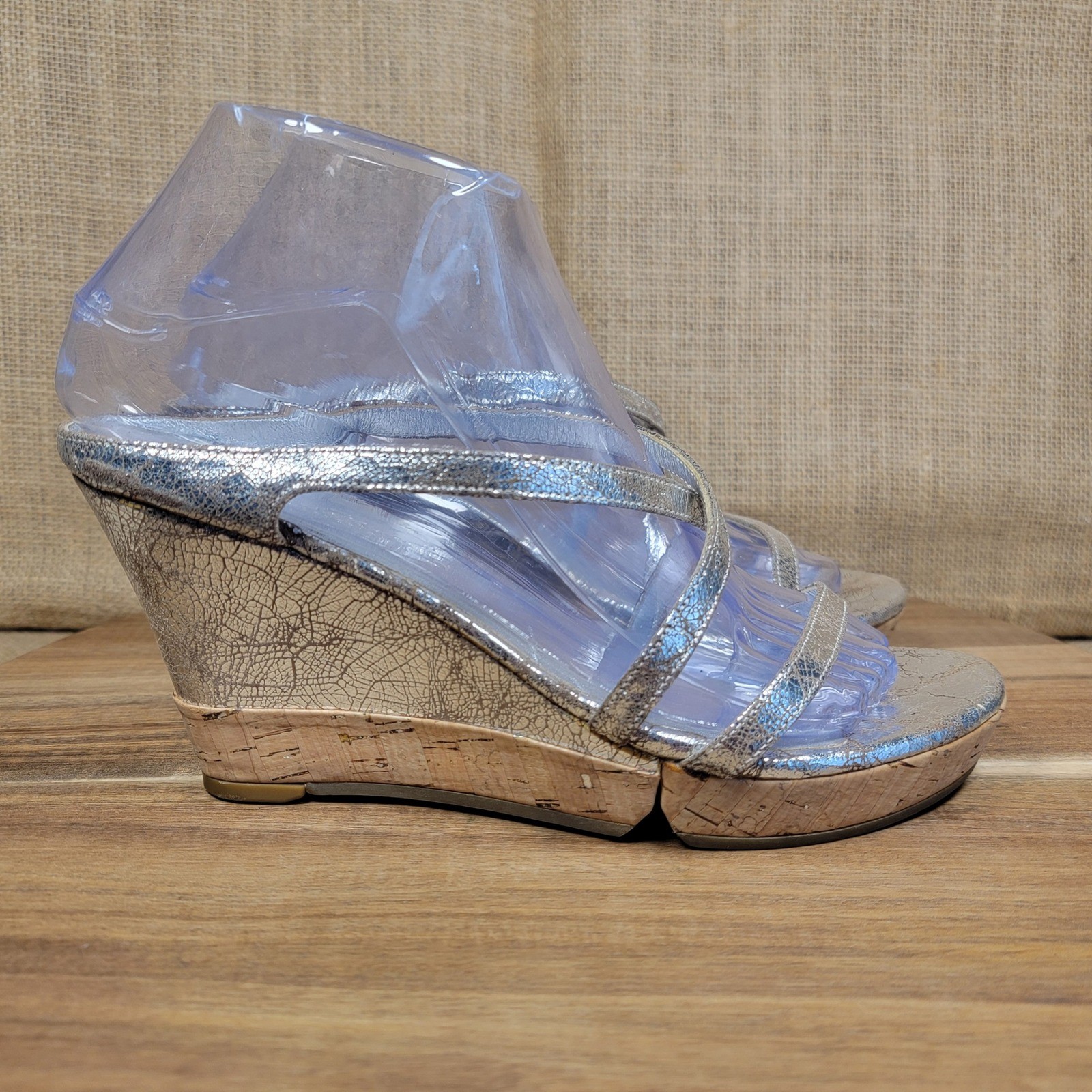 Donna Karan Metallic Wedge Sandals Strappy Silver Cork Heel Women’s EU 37 US 6.5