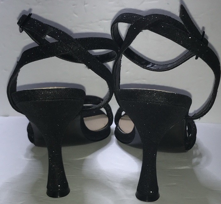 Nina Black Faux Leather Strappy Glitter Stiletto Heels Buckle Open Toe 8.5M