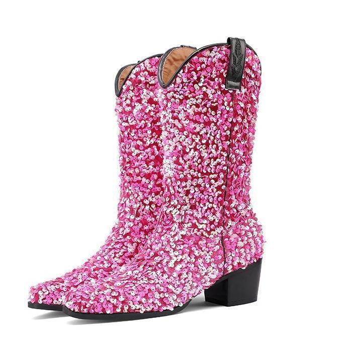 Fashion Women’s Gitter Sequins Pull On Mid Calf Boots Party Formal Casual Shoes