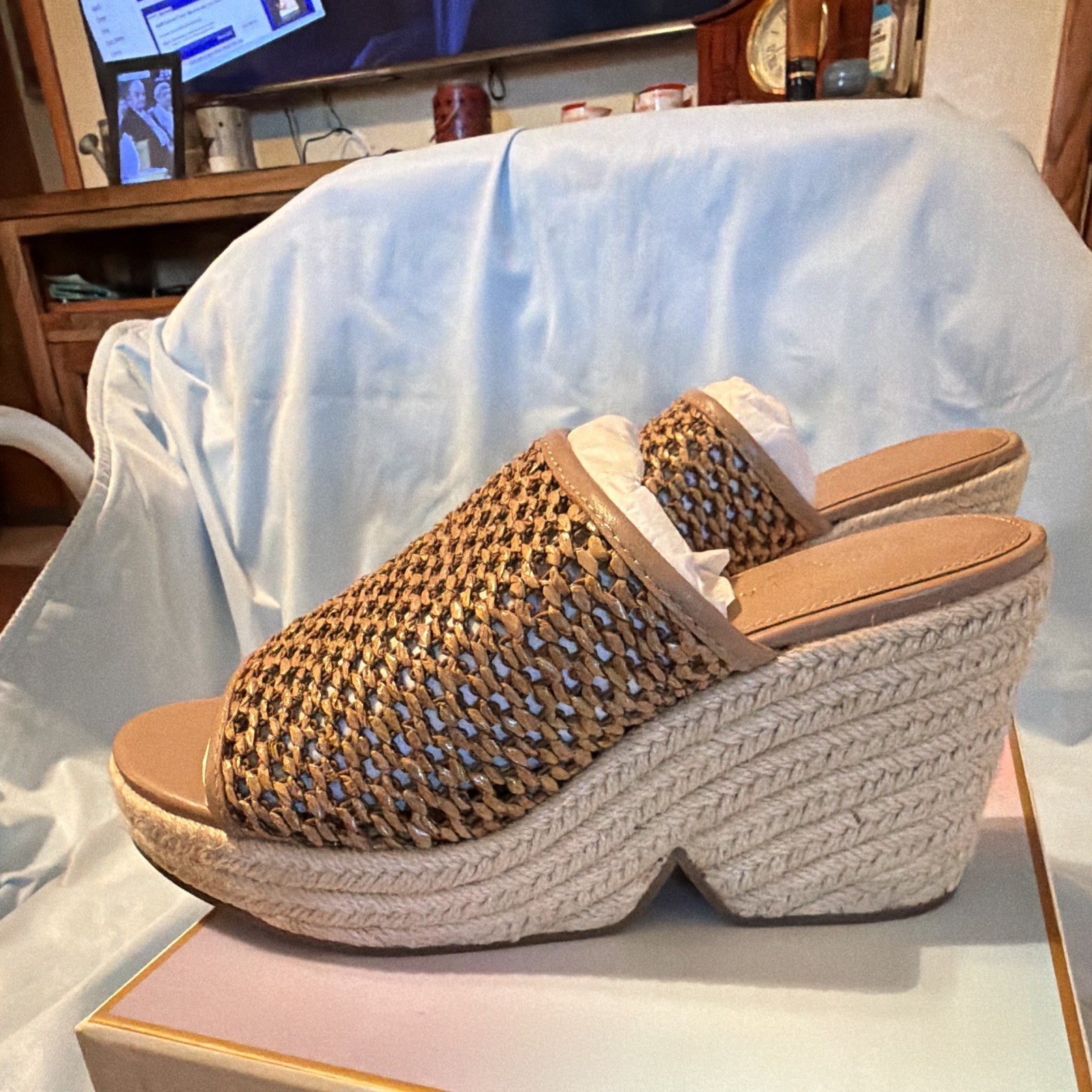 Casella New York Brown/Beige Leather Woven Wedge Slide Sandals Women’s US 9 M