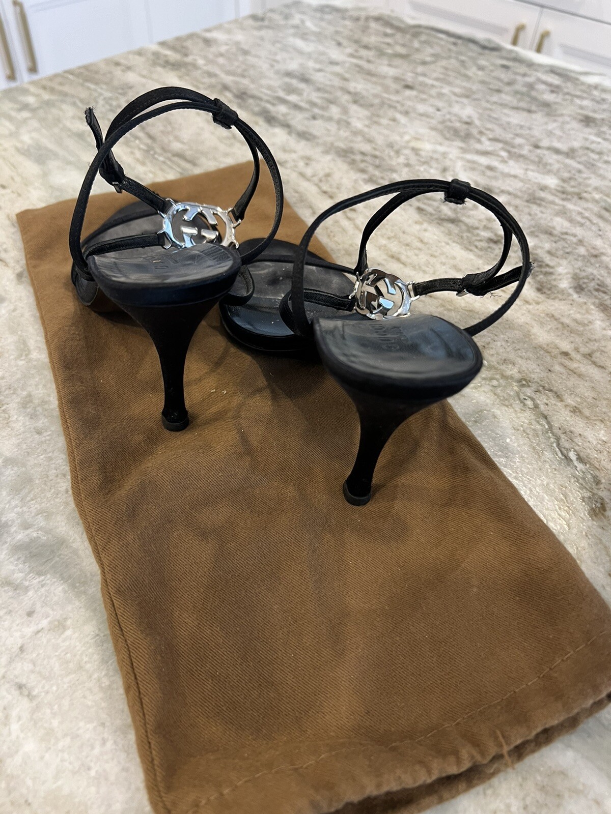 Authentic Gucci Sandals, Crystal GG logo, Black Satin, Size 36.5, Gorgeous!
