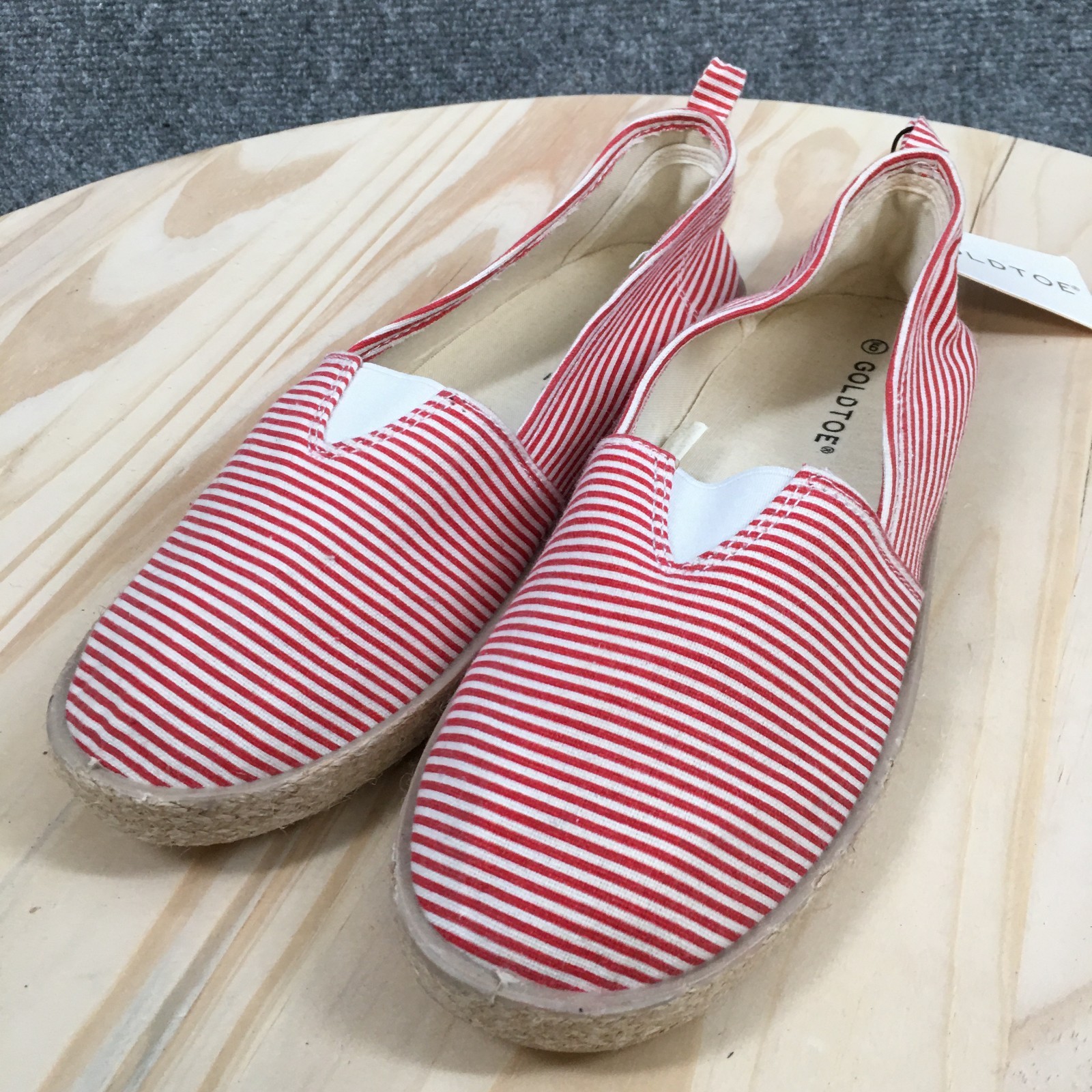 Gold Toe Shoes Womens 9 Slip On Sneakers Red White Stripe Canvas Casual NEW