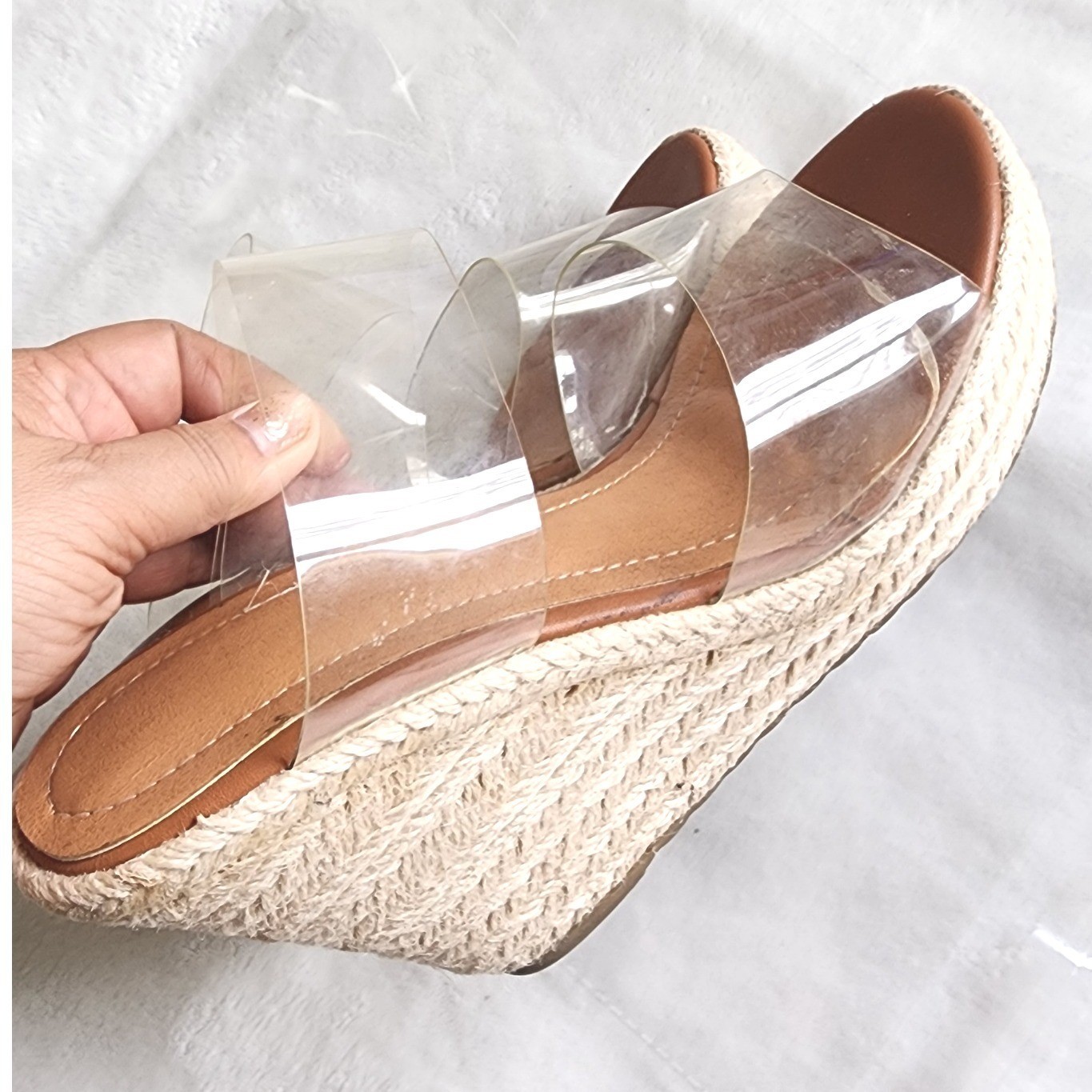 Clear Double Strap Espadrille Wedge Sandals Brown Jute Platform Slides Women 7.5