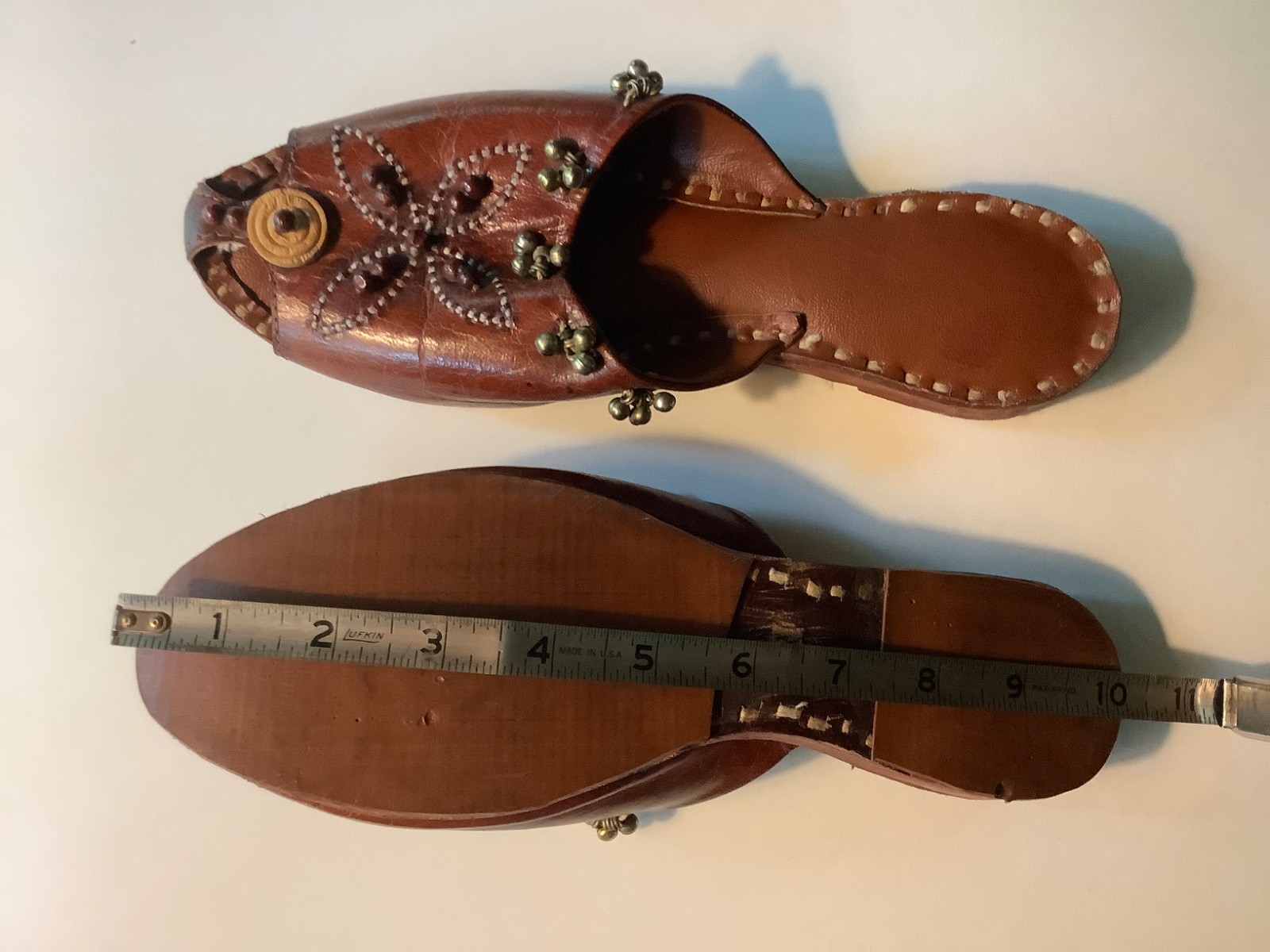 Vintage Handmade Indian Leather Mules Embroidery Beads & Bells Women’s Size 7.5