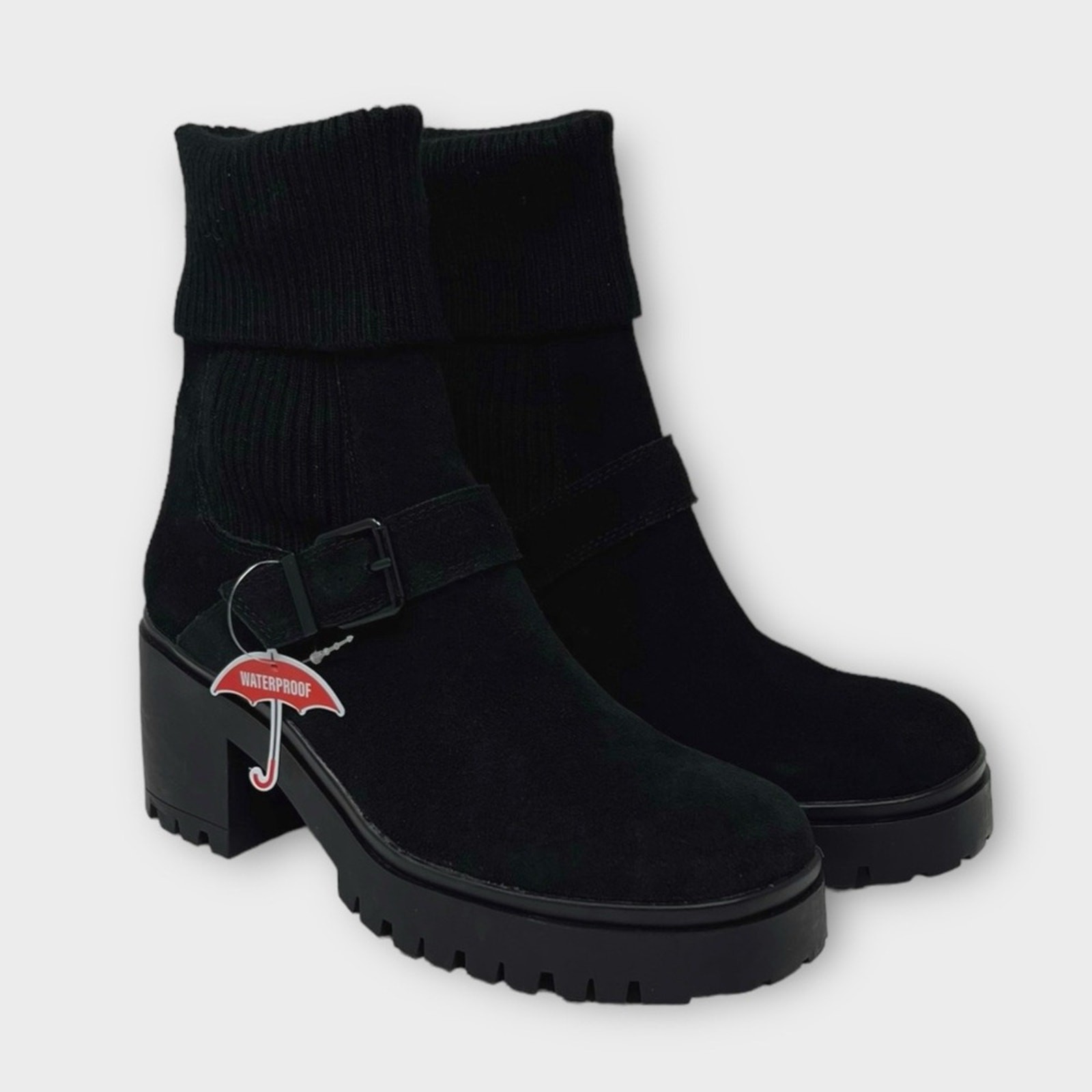 Blondo Remi Waterproof Stretch Knit Lug Bootie in Black Suede Size 10 NEW
