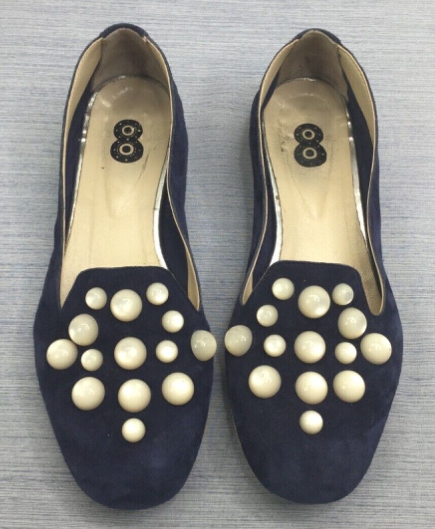 Eight Ball Logo Italian Retro Beaded Blue Suede Slip Ons Womens Sz 36 (US 6)