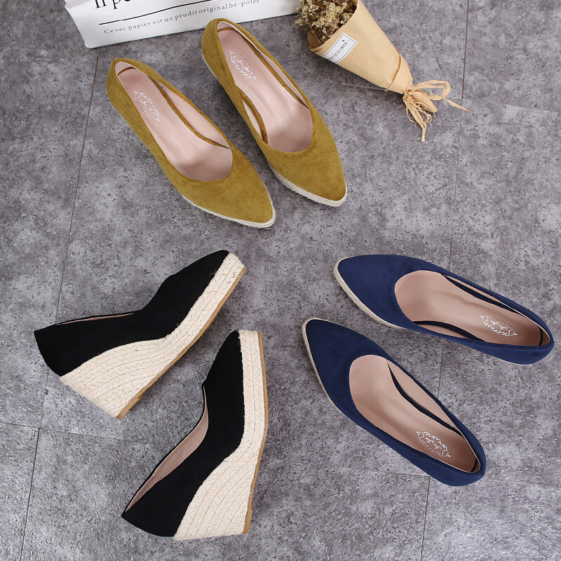 Pointed Toe Wedges Heel Slip On Espadrille Suede Black Women Princess Shoes 42