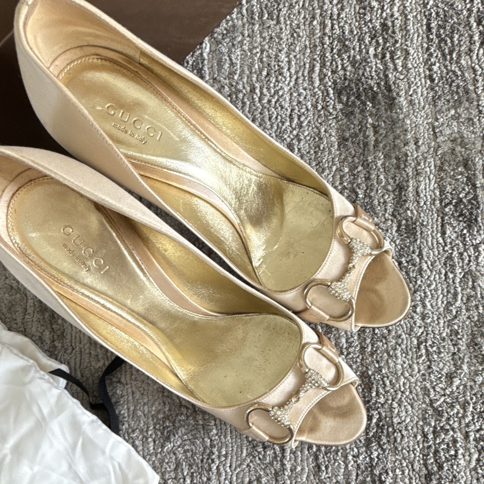 Gucci Women’s Beige Leather & 100% Silk Open Toe Pump Stiletto Heels 8.5