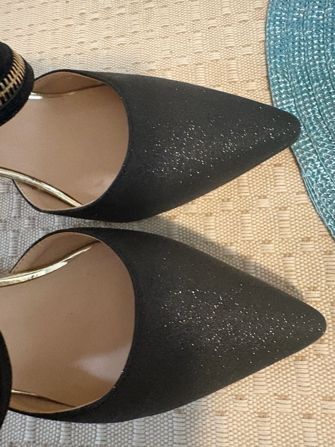 FINDVELL Black Shimmer Pumps with Decorative Zipper Strap Gold Accent Heels