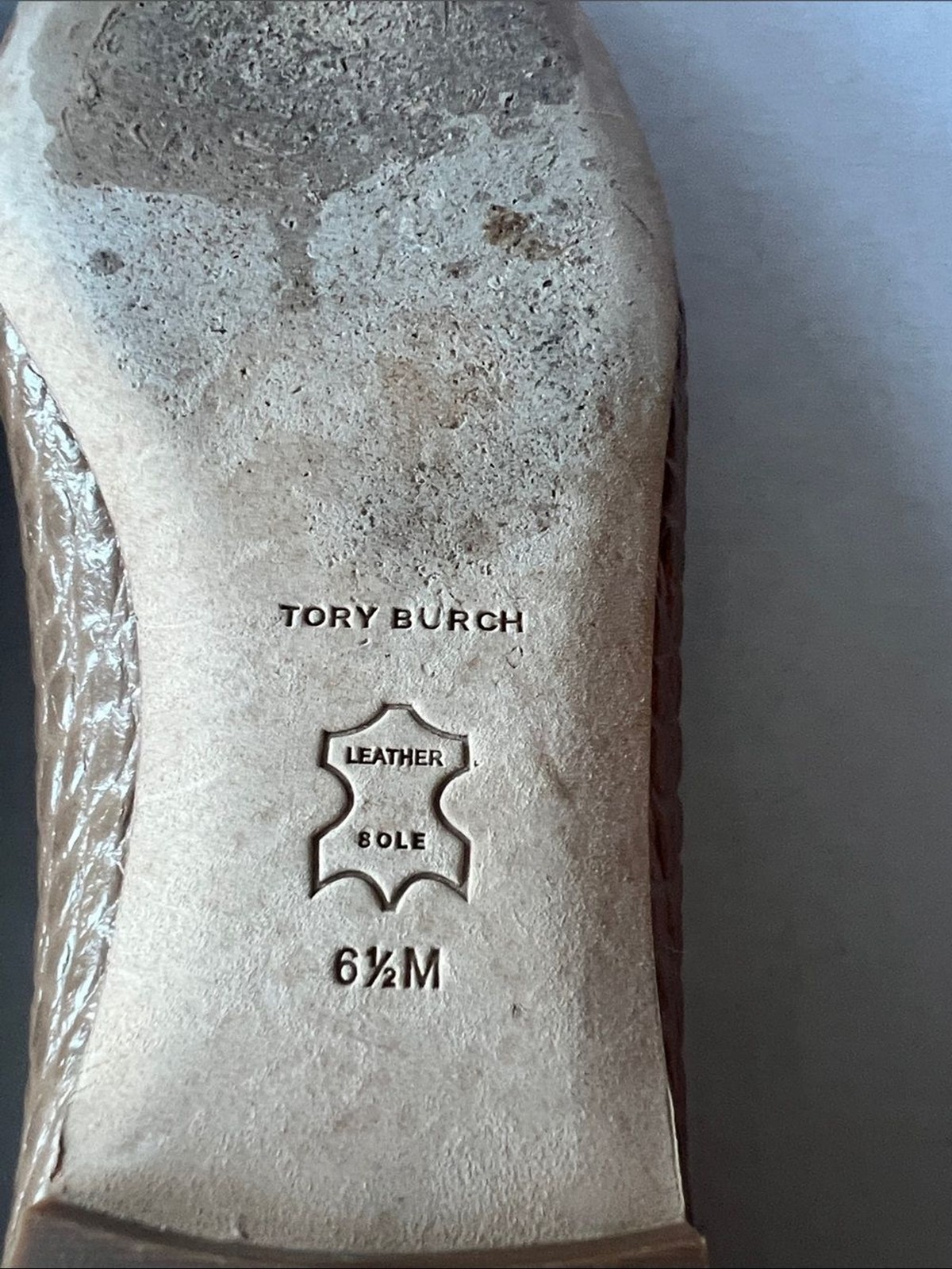 Tory Burch Taupe Croc-Embossed Logo Square-Toe Ballet Flats