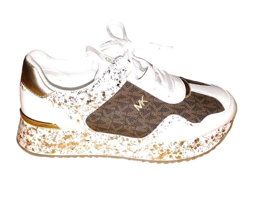 Custom Michael Kors Raina Trainer White Gold Glitter Brown Sneakers Women 8.5