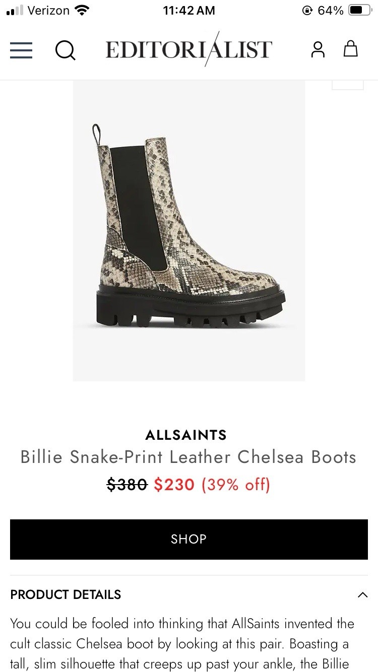 All Saints Billie Snake Embossed Print Chelsea Boot Size 36/ USA Size 6 MSRP 230