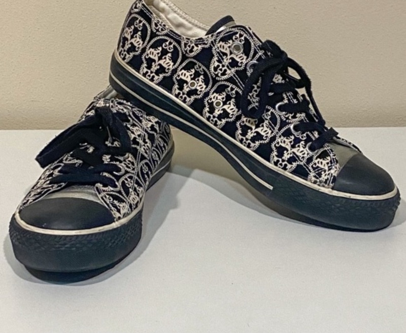 Thomas Wylde Canvas Low Top Lace-Up Skull Pattern Sneakers w/ Rubber Outsole