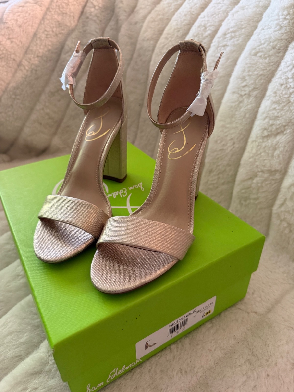 SAM EDELMAN SIZE 6 Gold Metallic Open Toe Block Covered Heel Ankle Strap NWB