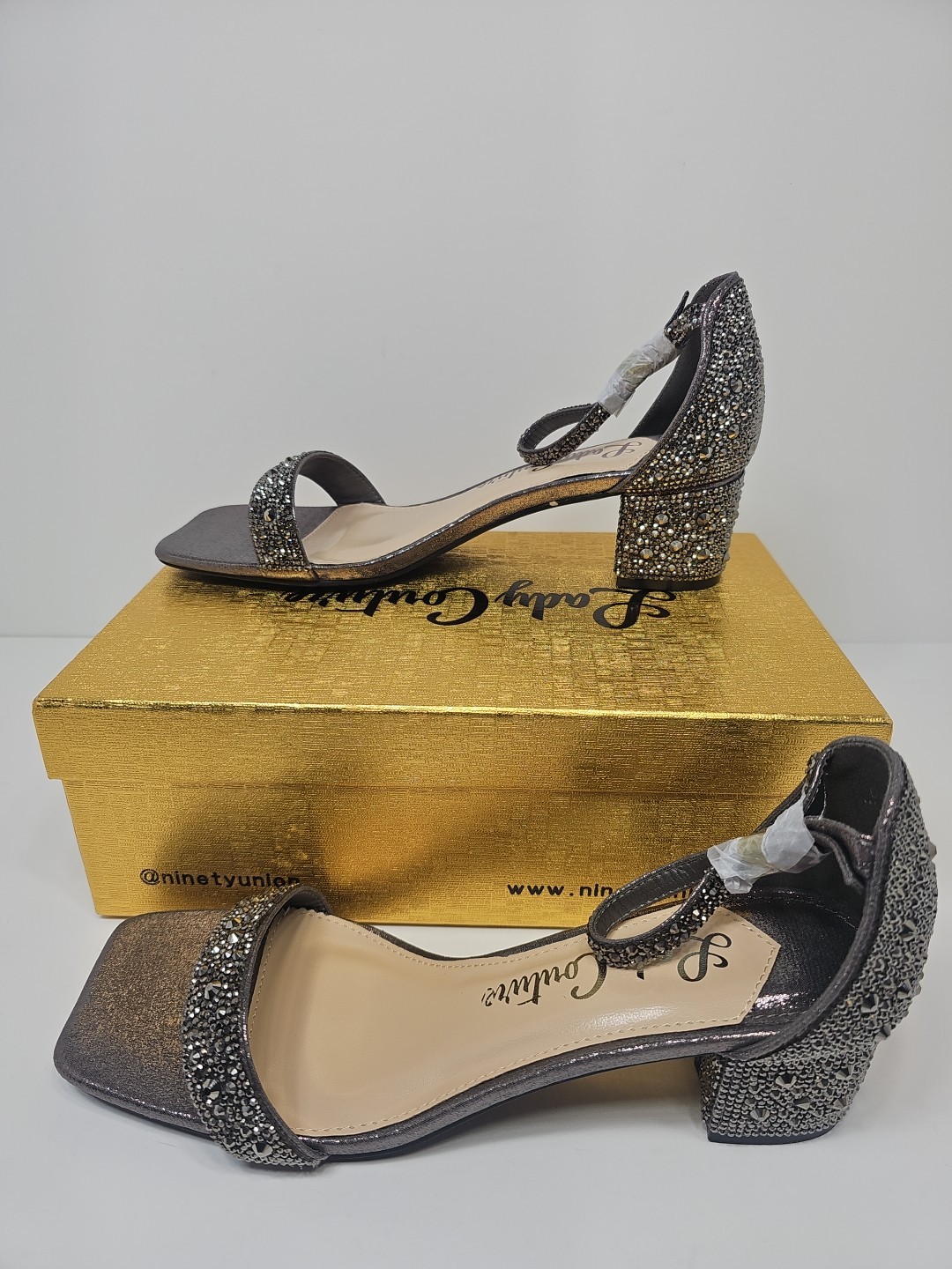 Ninety Union Lady Couture Dazzle 2 Inch Block Heel Rhinestone Sandal, Pewter, 9
