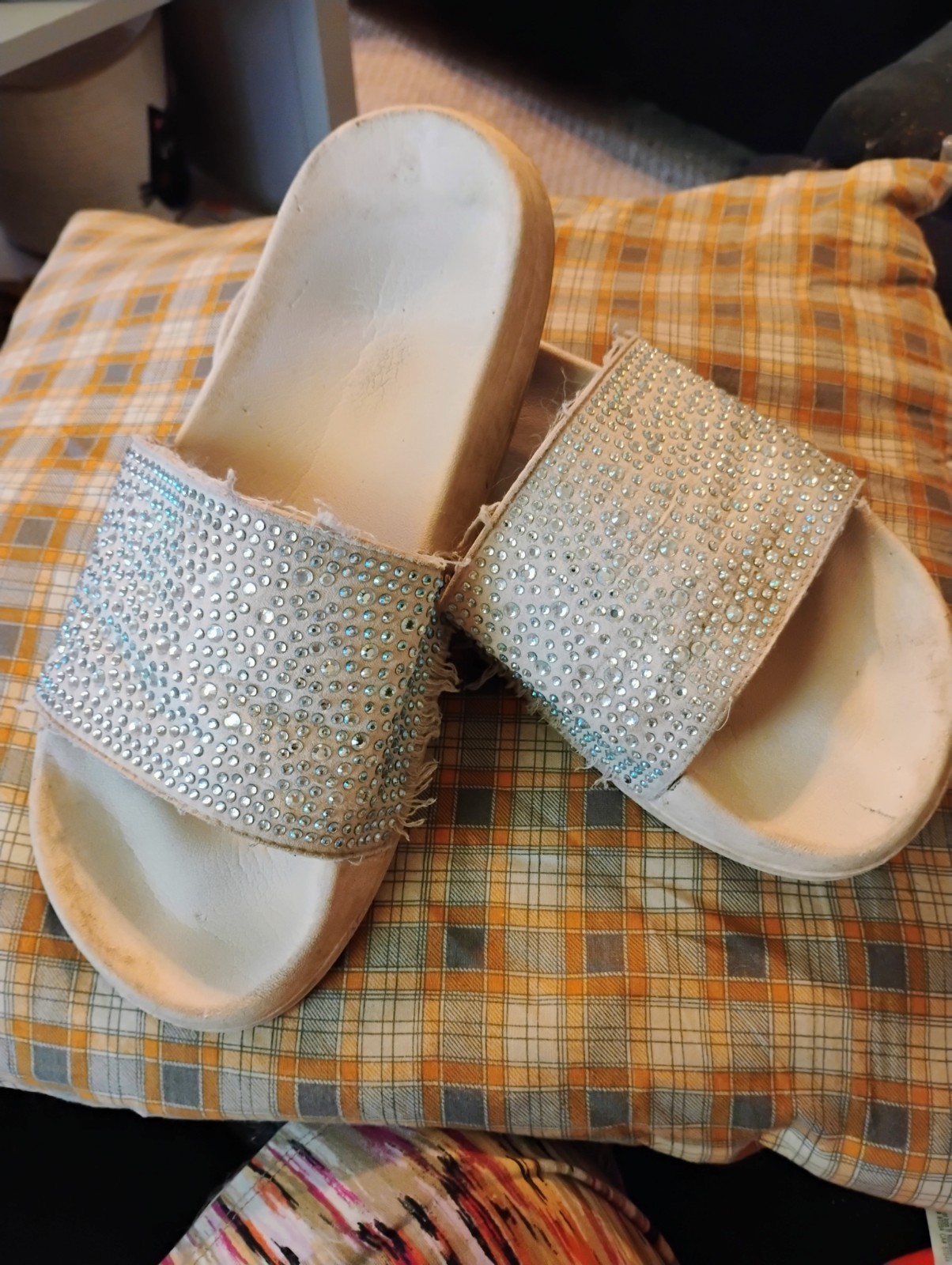 Women’s Pink Slide Sandals Silver Rhinestone Single Strap Open Toe US 8