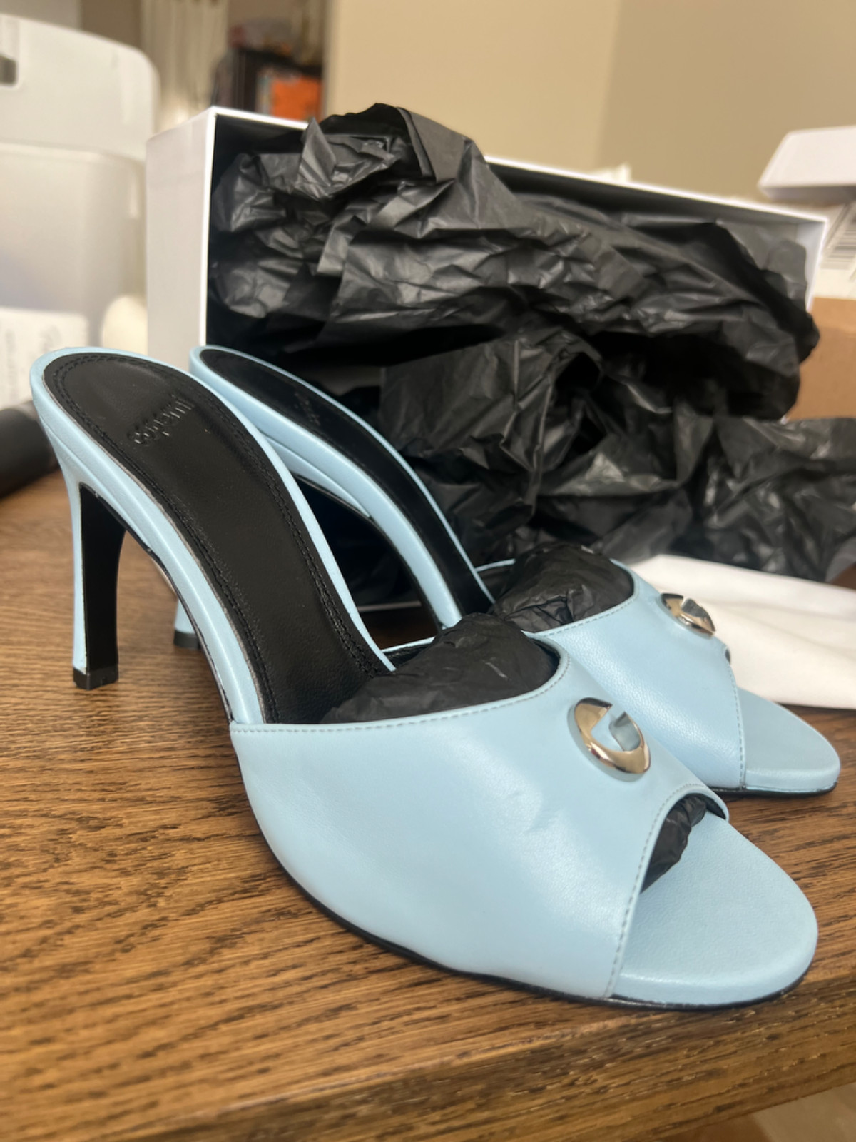 Coperni Logo Mule Heels Blue Leather size 38 $250