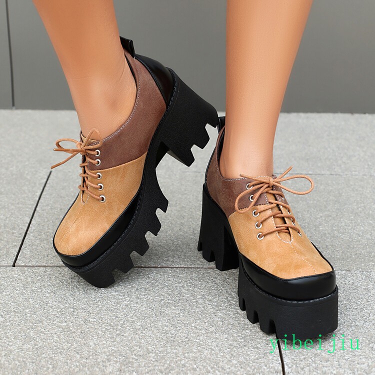 Women’s Platform Shoes Patchwork Two Tone High Block Heel Colorblock Lady Retro