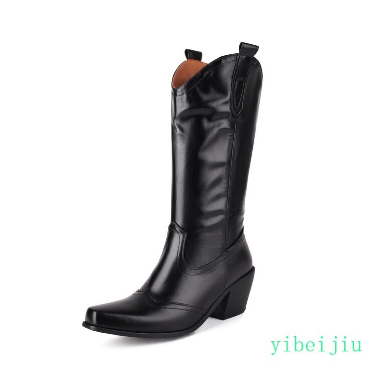 2026 Womens Mid Calf Boots Riding Western Cowboy Shoes Cuban Heel Pull On Gothic