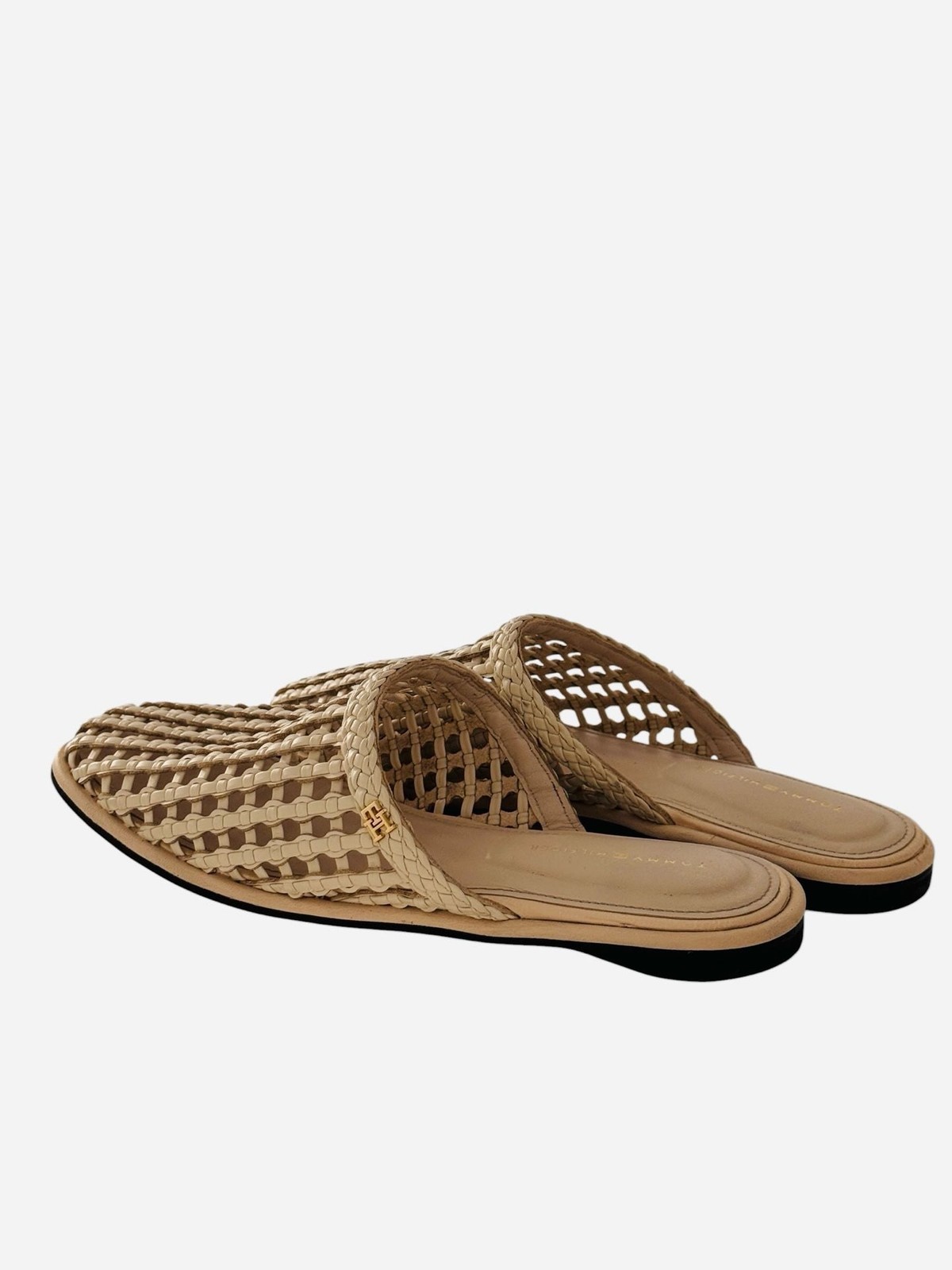 Tommy Hilfiger Premium Leather Woven Mule Sandals in Cream
