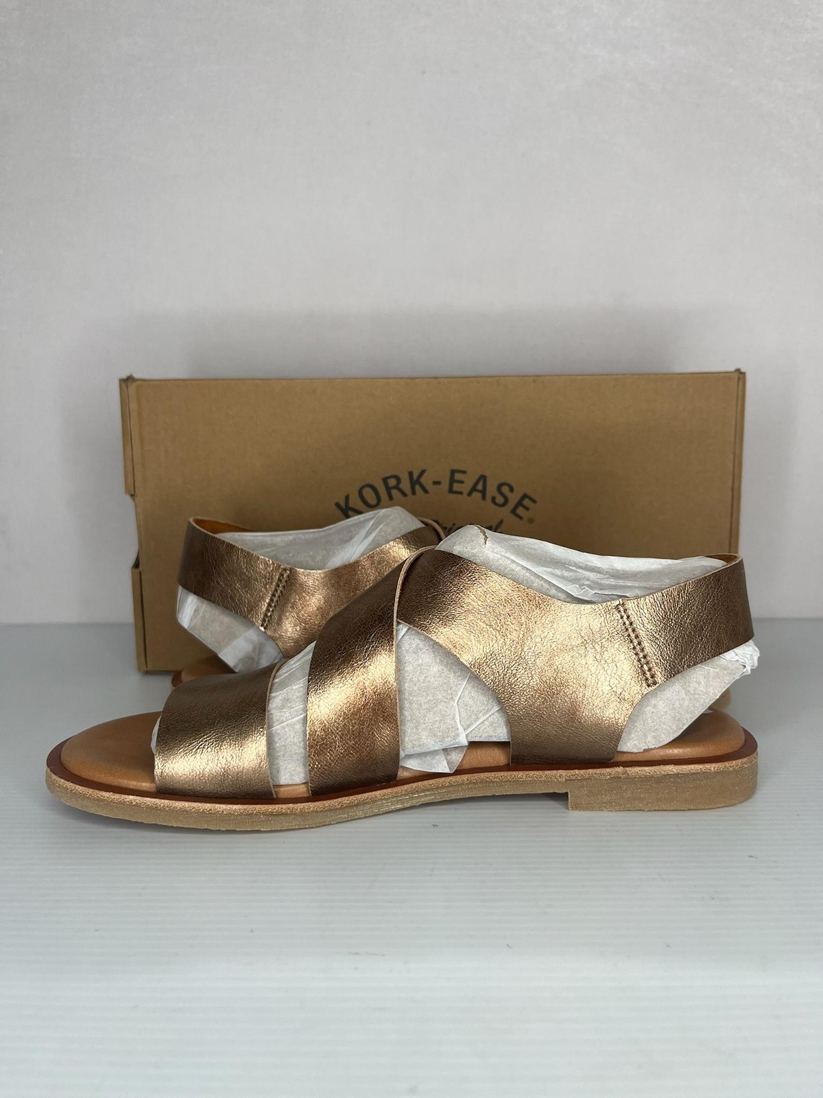 Kork-Ease Sandals Womens Size 8 Gold Dara Leather Strappy Flat Buckle NEW Box