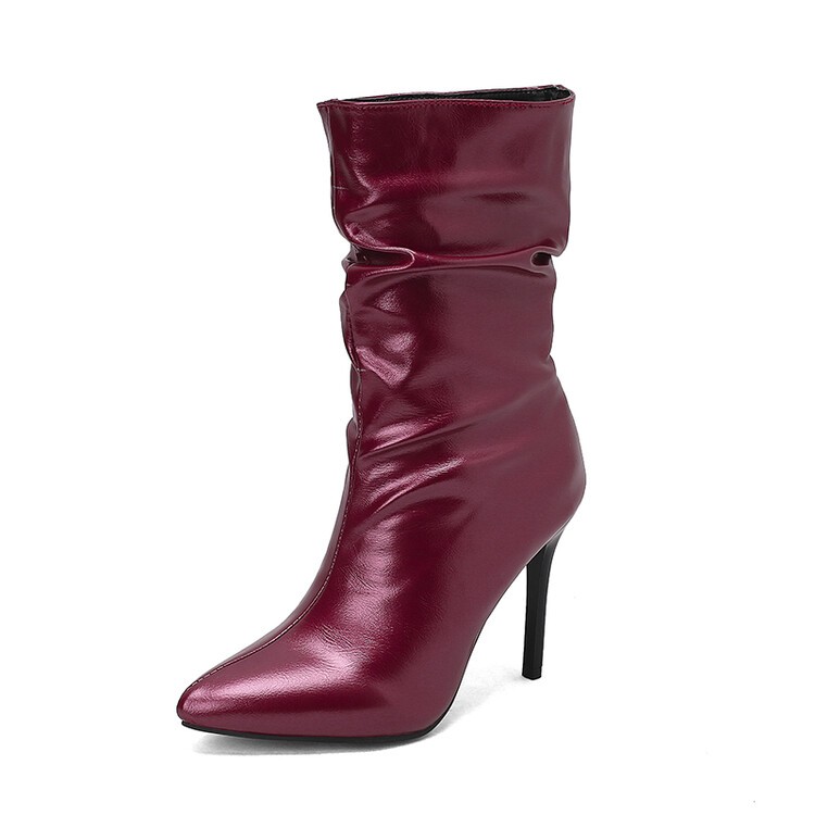 Women’s High Stiletto Heels Mid-calf Short Boots Casual Pleated Shoes Outdoor