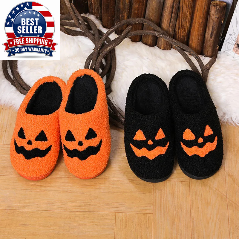 Cozy Halloween Pumpkin Slippers Women Soft Plush Non Slip Indoor Cotton Slides W