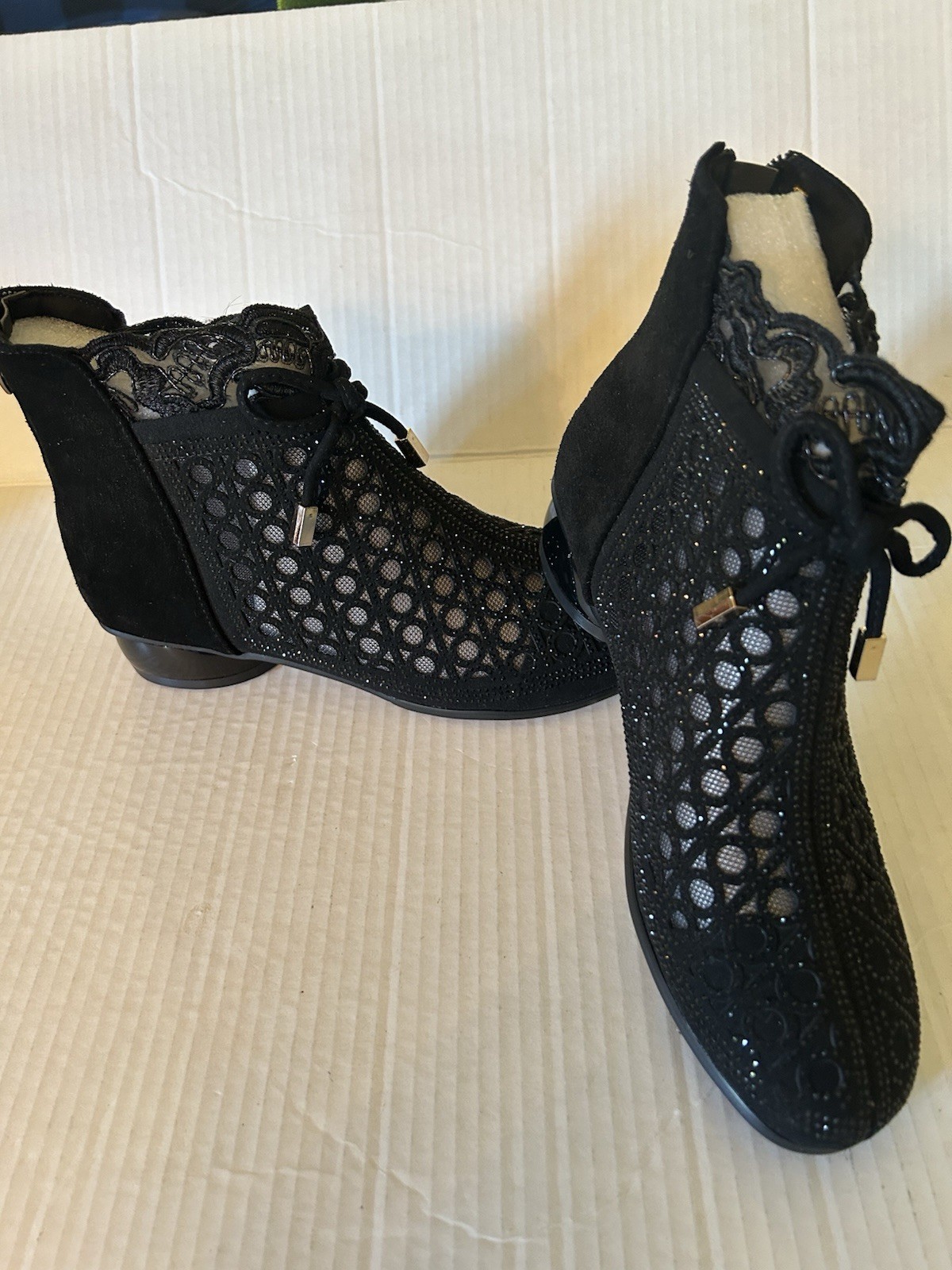 Sexy Black Lace faux suede Ankle Boots Sparkly Zip Back And Lace Up