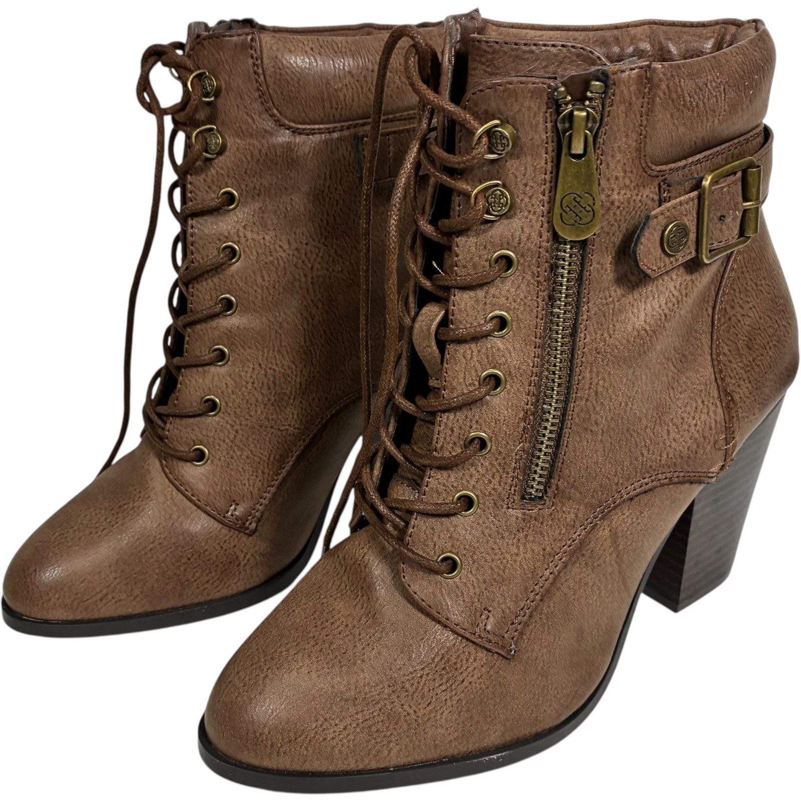 Daisy Fuentes Calida Brown PU 3.5in Block Heel Zip Ankle Booties womens size 9W