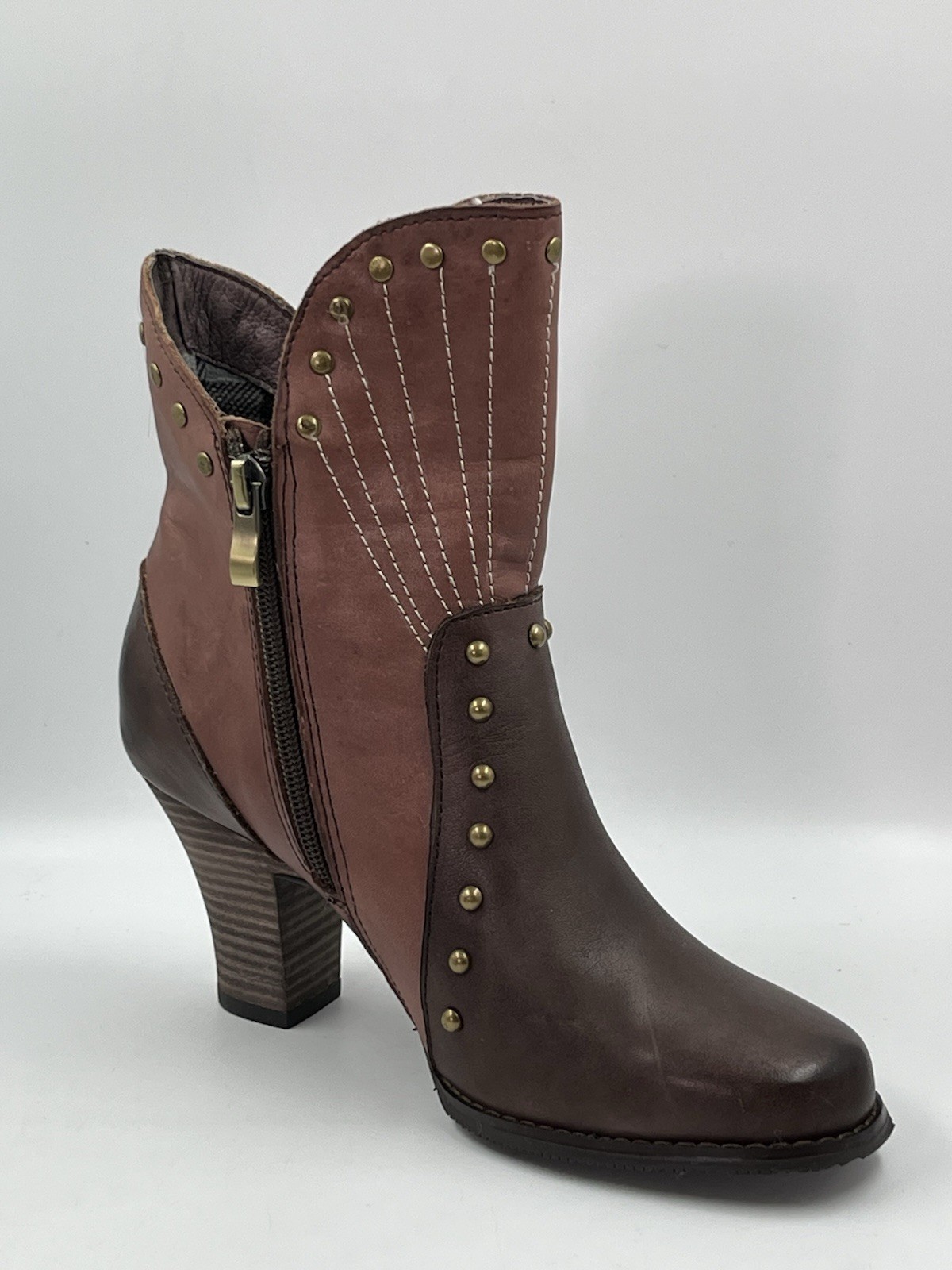 L’artiste Spring Step Quiddity Studded Brown Leather Mid Calf Heeled Boots Sz 6M