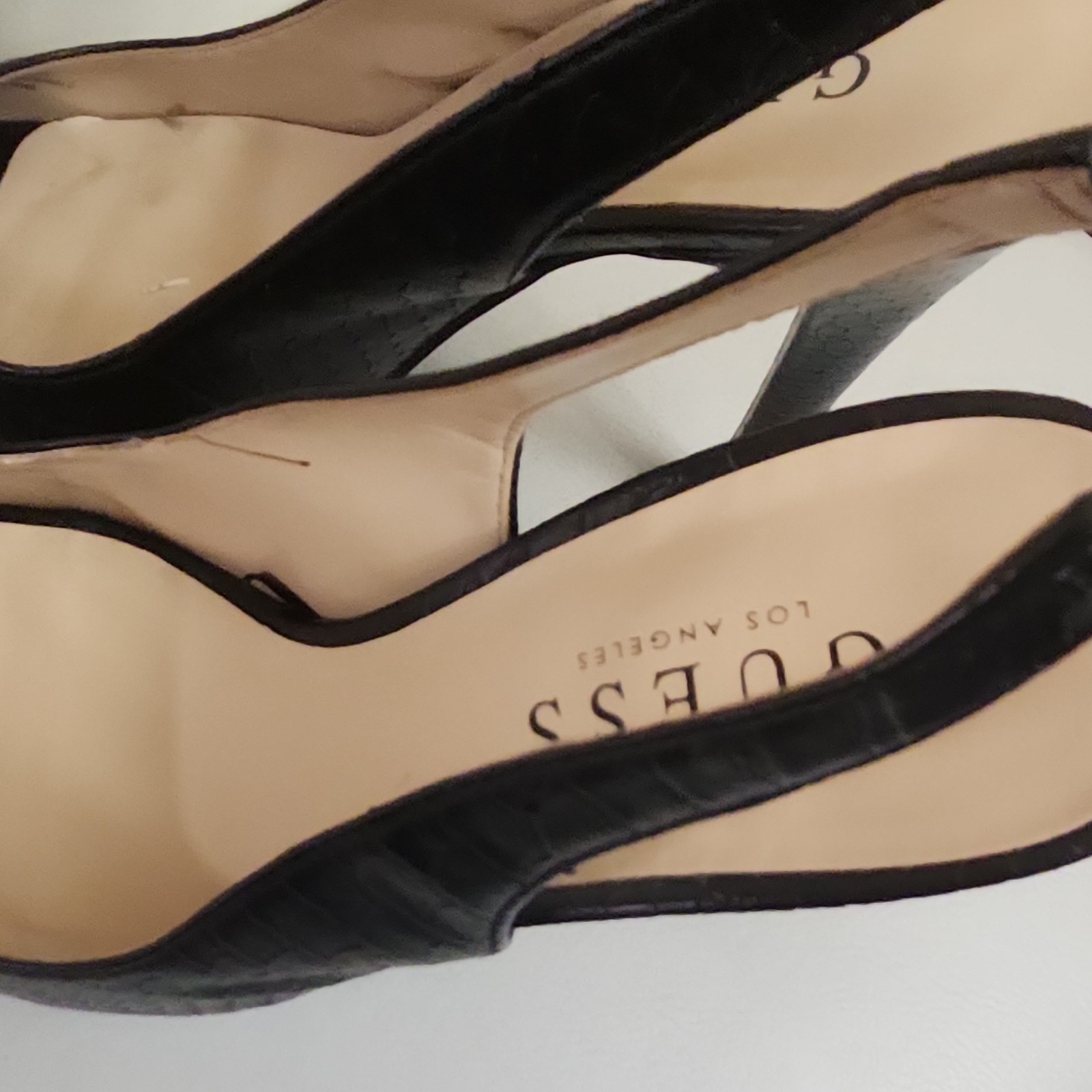 GUESS Women’s Black Croc Leather Platform Peep Toe Slingback Heels Size 7