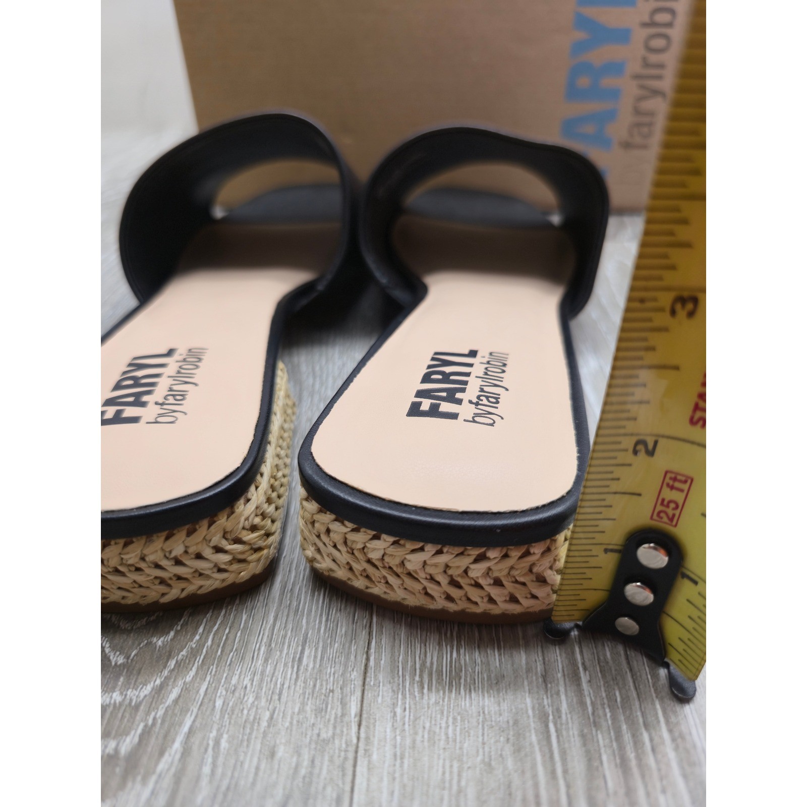 Faryl by Farylrobin Dahlia Black Leather Square Toe Raffia Block Heel Sandals 9M
