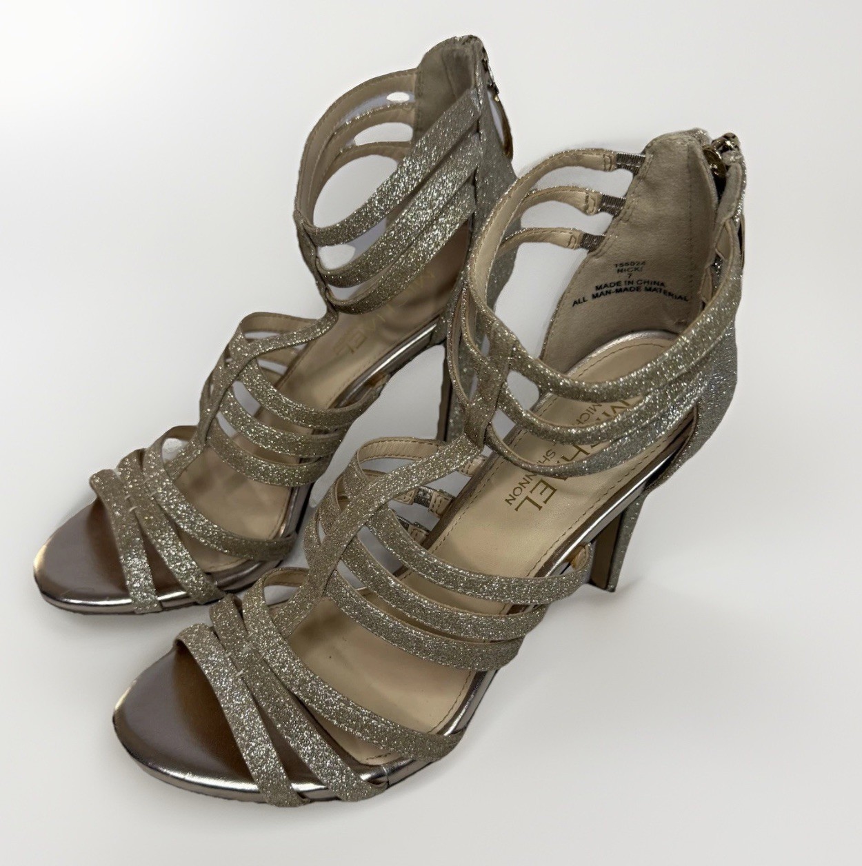 Michael Shannon Nicki Women’s gold heels Sz 7 Glitter Sparkly Strappy Formal