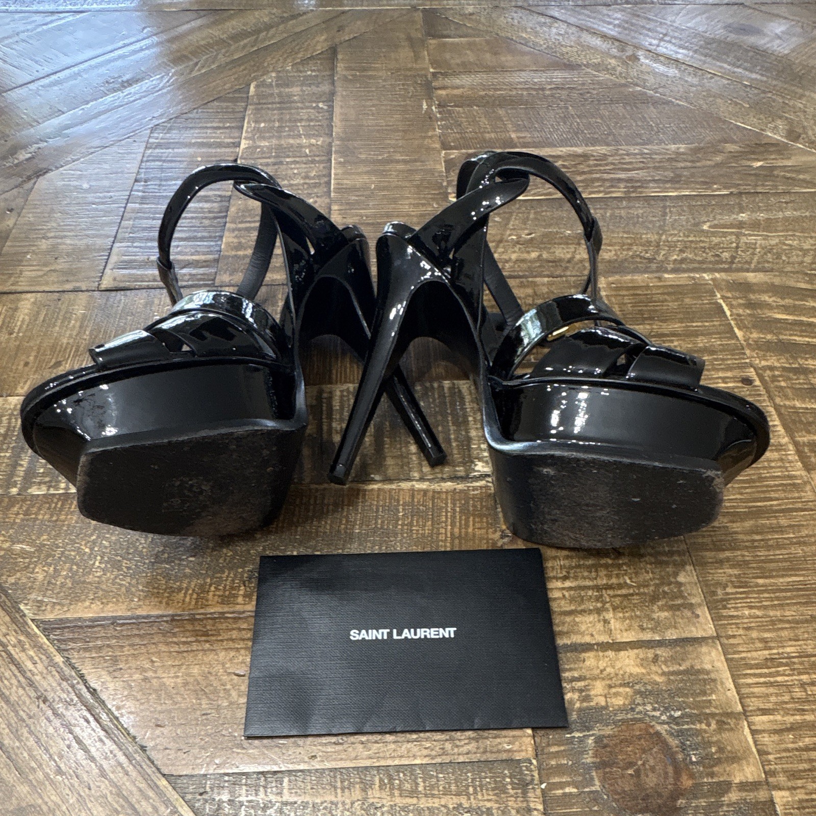 Saint Laurent Women’s Black Patent Leather Strappy Ankle Strap Sandals 6