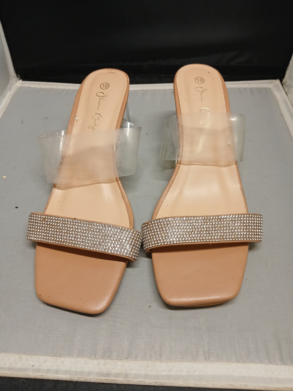 Jessica Carlyle Sandals Womens Sz 10 Nude Clear Block Heel Rhinestone Slip On