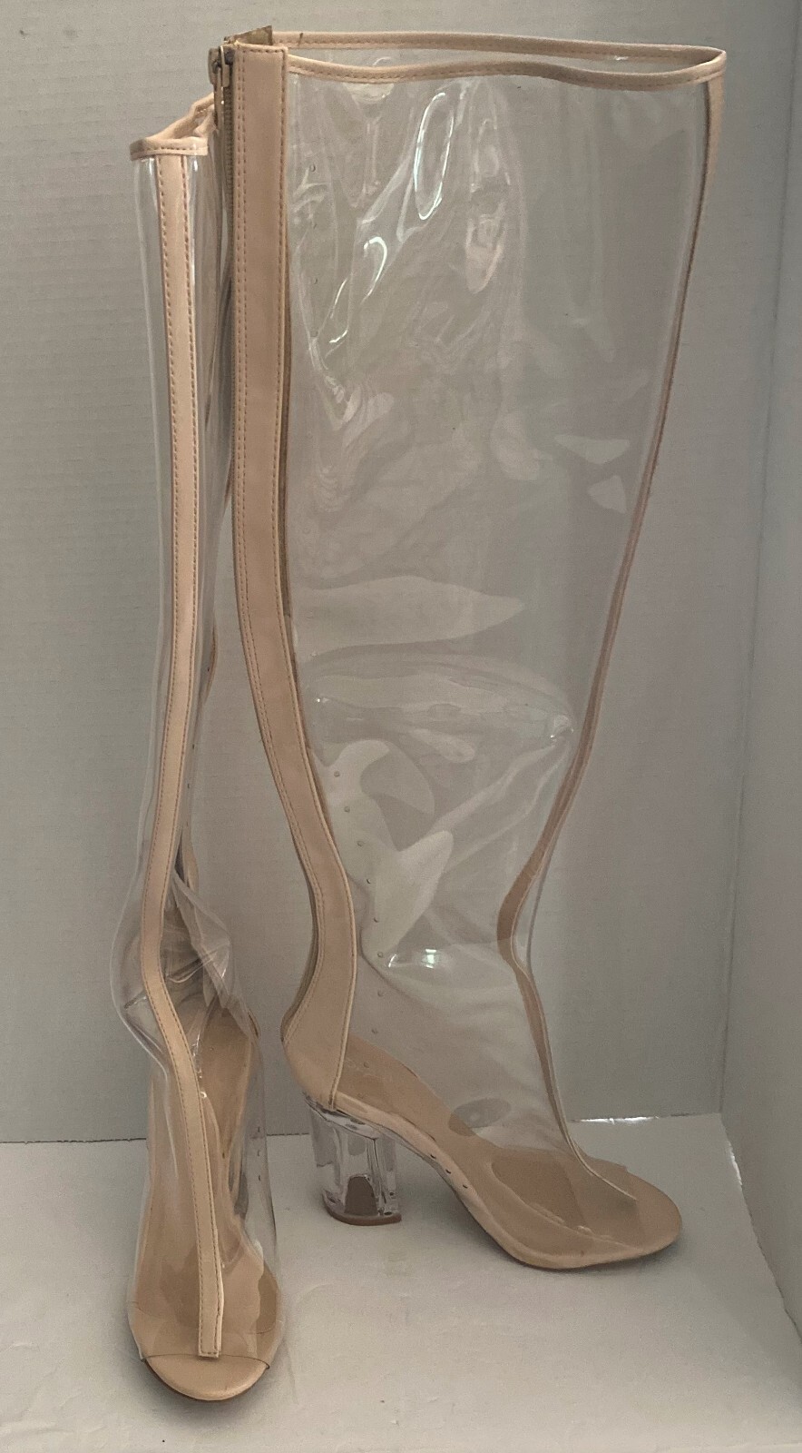 QUPID NUDE/ CLEAR PVC PEEP TOE KNEE HIGH BOOTS ( SZ: 6.5)