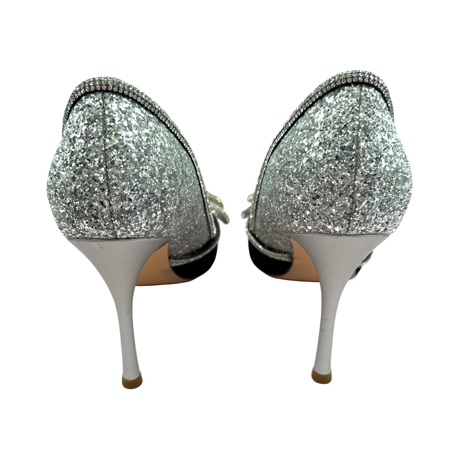 Msonydn Black Silver Glitter Crystal Bow Pointed Toe Stiletto Pumps Evening Shoe