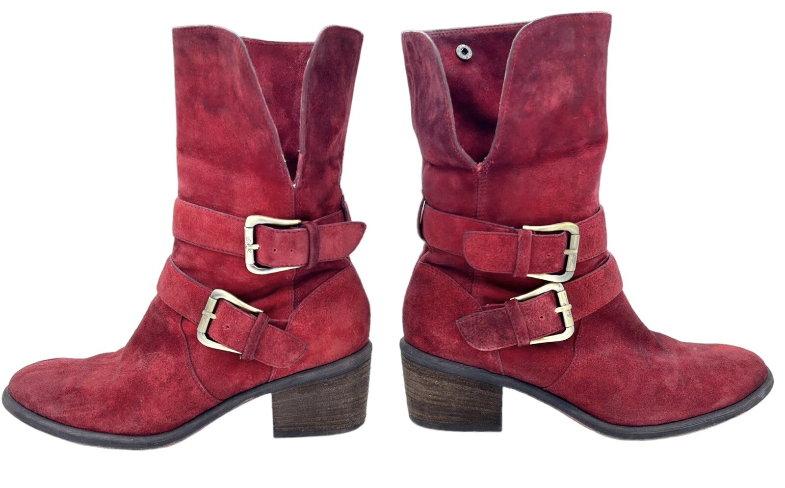 DONALD PLINER Moto Boots SIZE 6.5 Mid Calf Distressed Red Suede Buckle Fold Over