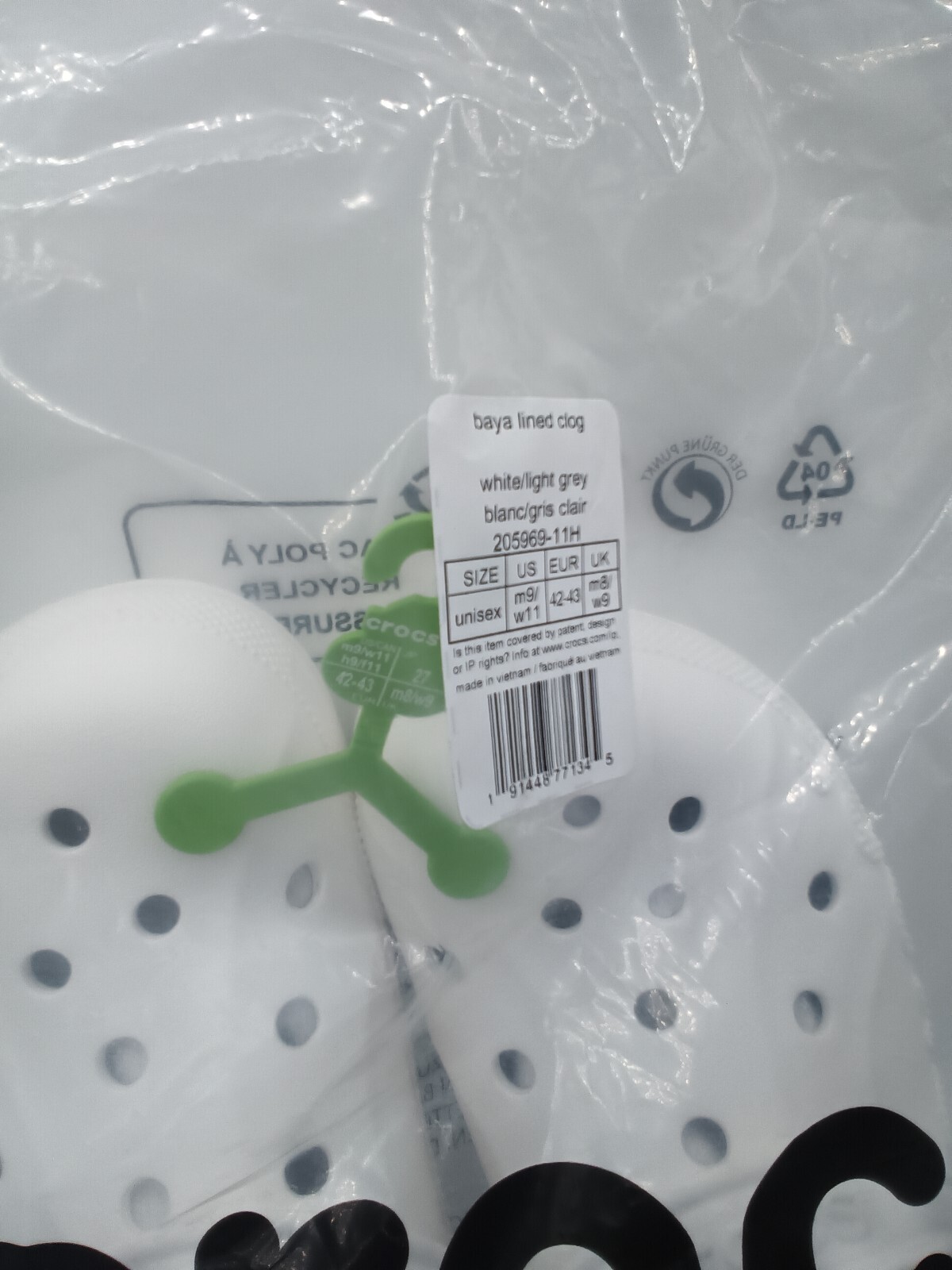 Crocs Baya Lined Clog Slip On White/Light Grey 205969-11H Sz M9/W11 New in bag