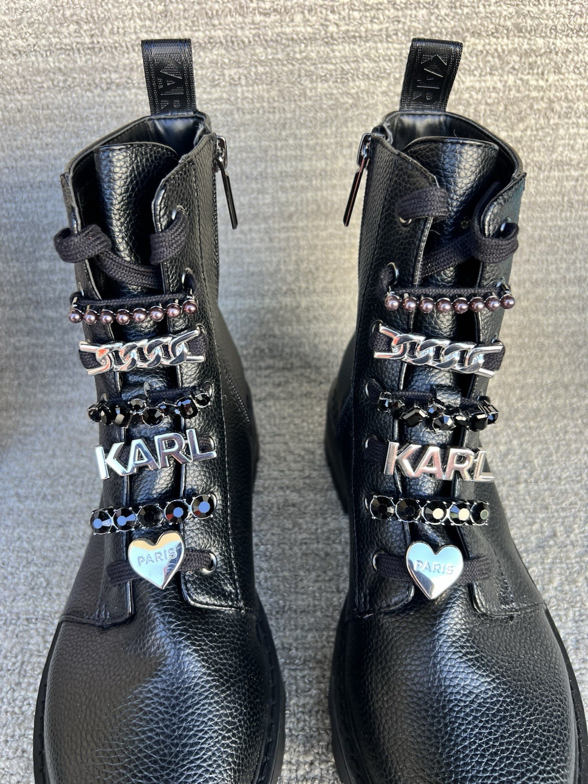 KARL LAGERFELD PARIS Mela Embellished Combat Booties Women’s Size 7.5 US