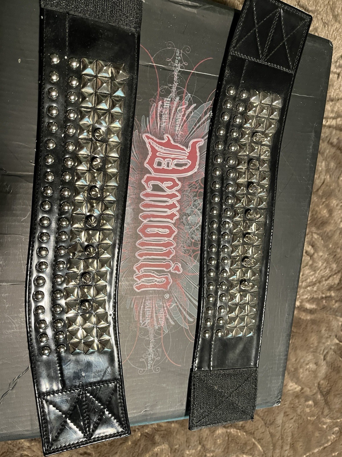 Demonia Boot Straps Patent Vegan Leather With Studs & Spikes