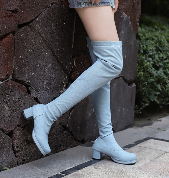 Womens Cowboy Over The Knee High Boots Denim Jean Round Toe Mid Block Heel Shoes