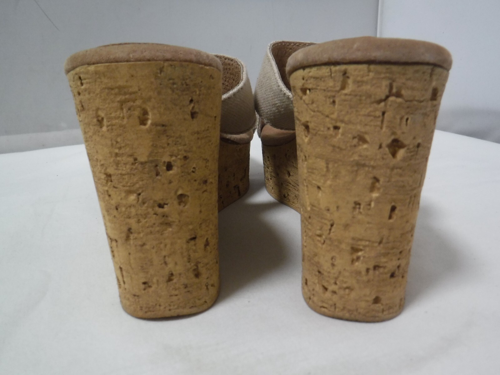PF2 SBICCA Vintage Collection Cork Platform Beige Canvas Wedge Heel Sandals 8 39