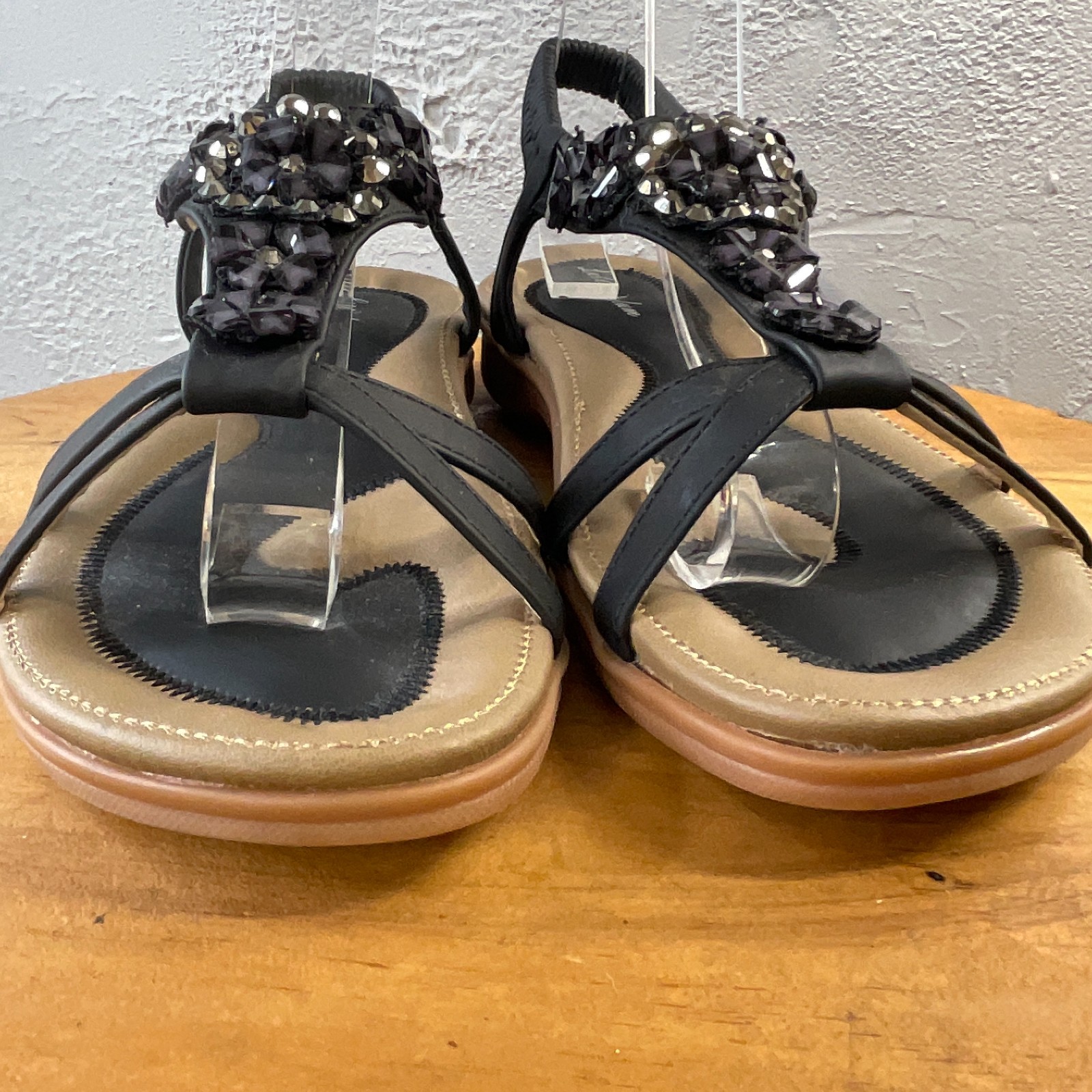 Lifestride Sandals Womens 10 Black Beaded Rhinestone Slingback Boho Resort Beach
