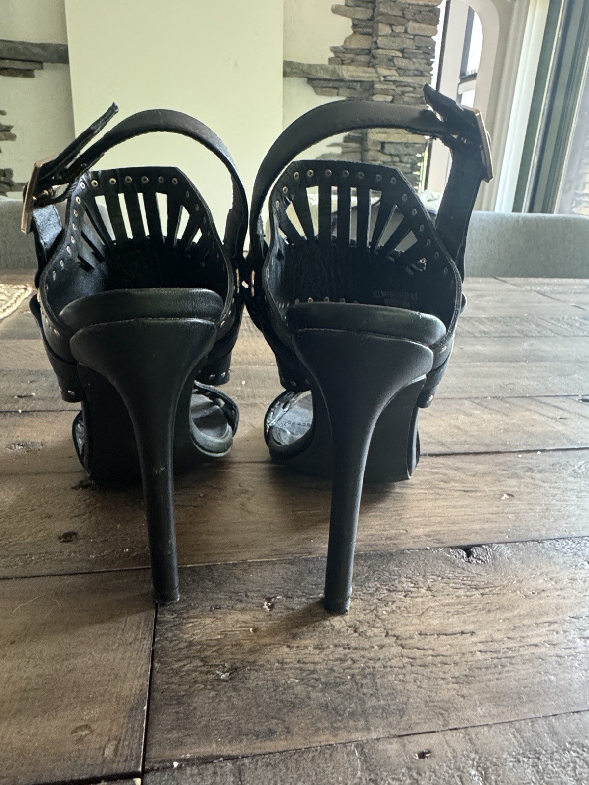Liliana Women’s Black Faux Leather Studded Strappy Open Toe Heels 7.5
