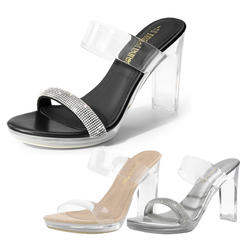 Women Open Toe Clear High Chunky Heel Sandals Party Wedding Sandals