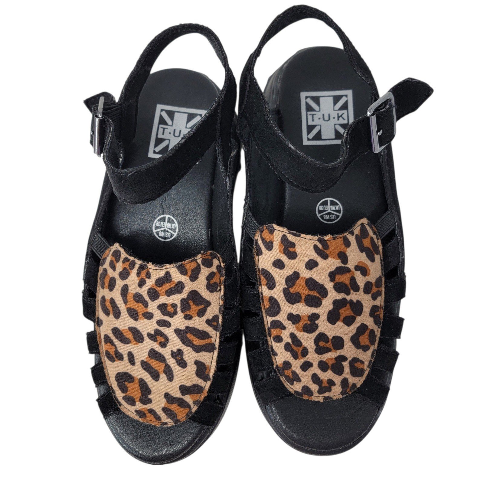 T.U.K. Creeper Sandals Womens 8 Black Leopard Wave Chunky Grunge Platform Goth