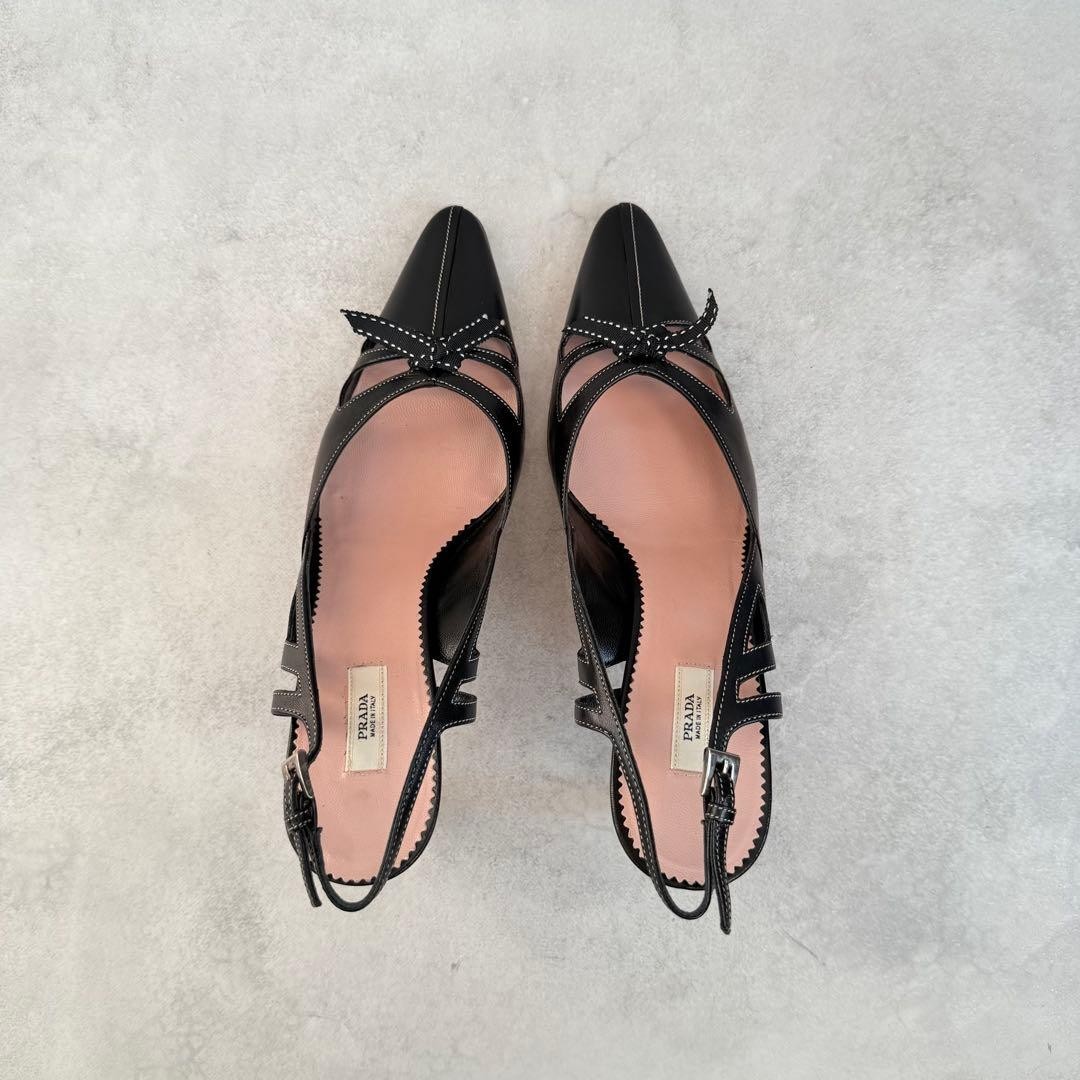 Prada Stitched Bow Slingback Heels Black Leather Women’s US 6 UK 3.5 EU 36 Pumps