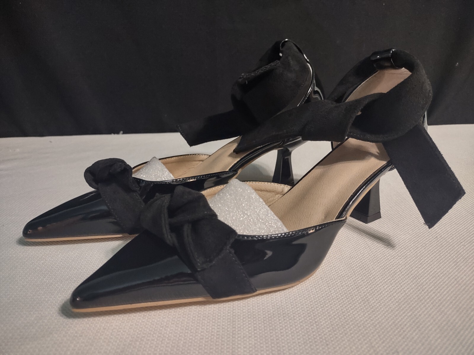 Unbranded Faux Patent Leather Pointy Heels With Bow Ankle Tie Sz 40 Us 9-9.5